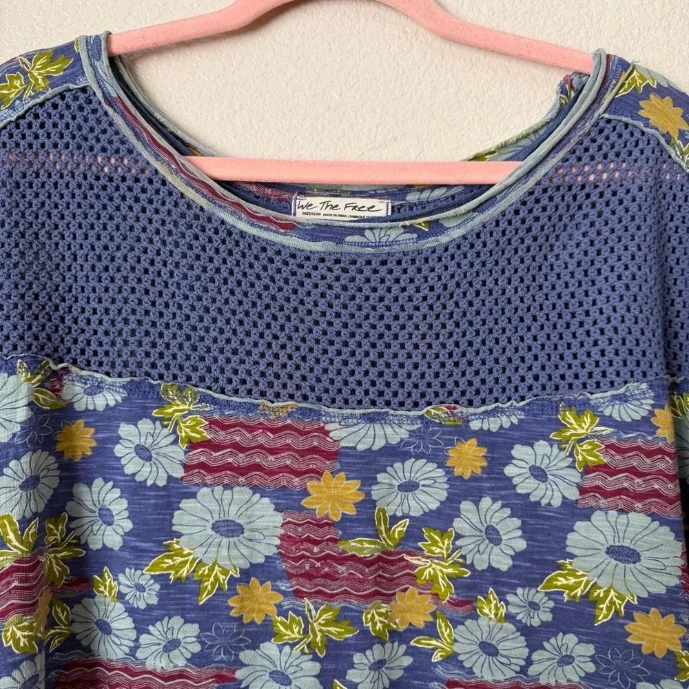 Free People Top Medium Beach Dreamin Floral Crochet Mesh Relaxed Boho Tee Cotton